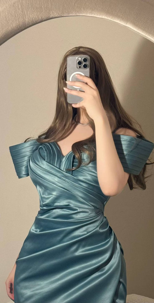 Robe de bal sexy sirène à épaules dénudées bleue avec longue robe de soirée plissée en satin C3295