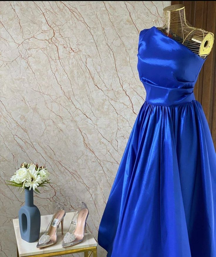 Robe de soirée plissée bleu royal à une épaule et ligne A élégante Robe de bal Robe de soirée C3298