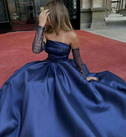 Robe de soirée longue en satin bleu marine à manches longues et sans bretelles, élégante, ligne A, robe de bal, robe de soirée C3304