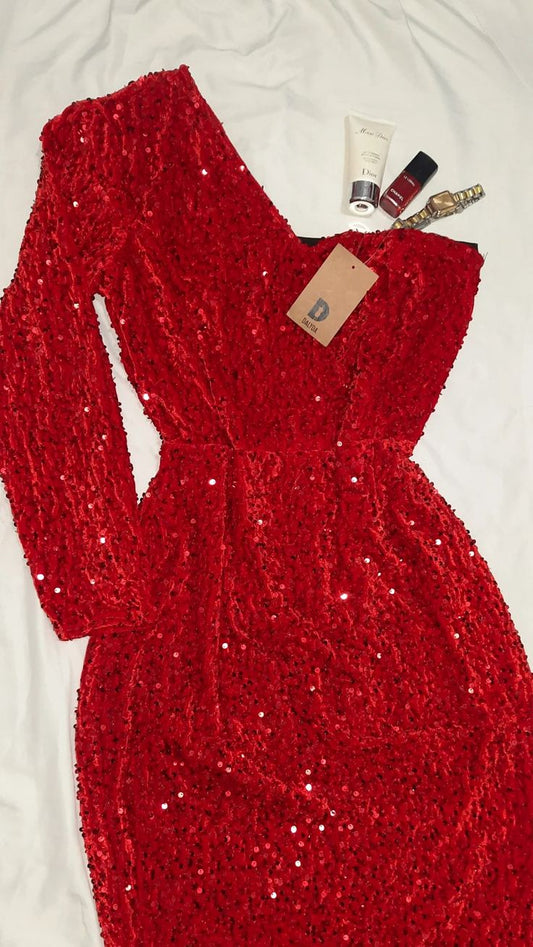 Robe de soirée rouge élégante à une épaule et à paillettes, robe de bal, robe de soirée C3308