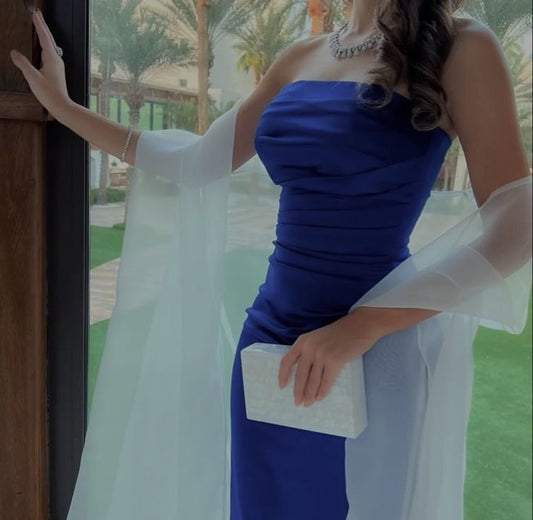 Robe de bal sexy fourreau sans bretelles bleu royal avec longue robe de bal plissée en satin robe de soirée C3309