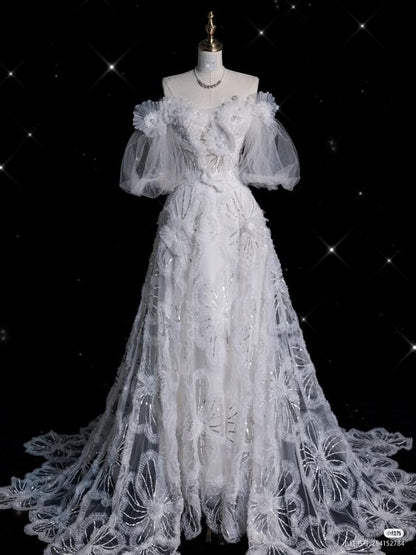 Robe de mariée longue en Tulle à bretelles élégantes, ligne A, paillettes, C330