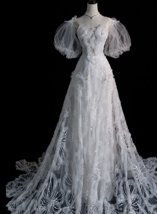 Robe de mariée longue en Tulle à bretelles élégantes, ligne A, paillettes, C330