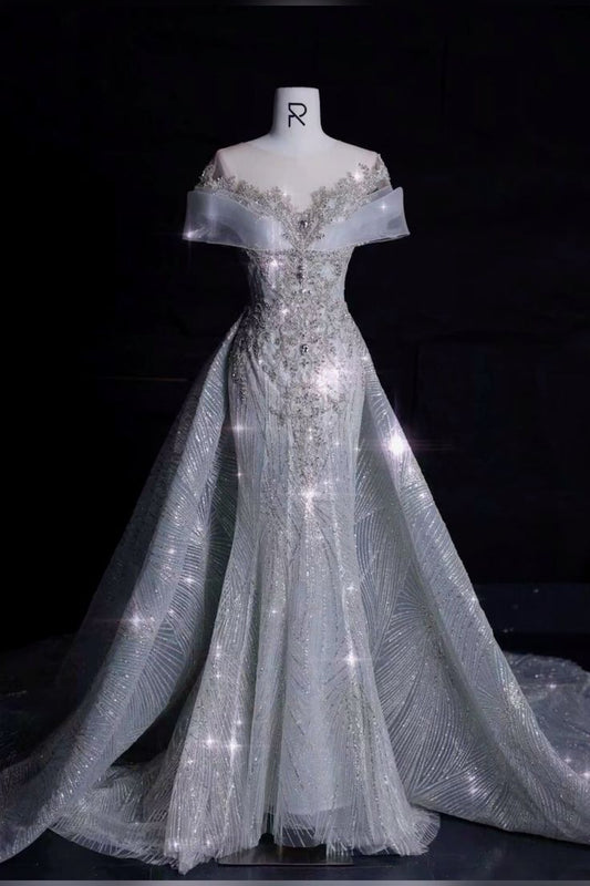 Élégante sirène encolure dégagée paillettes longues robes de mariée C331