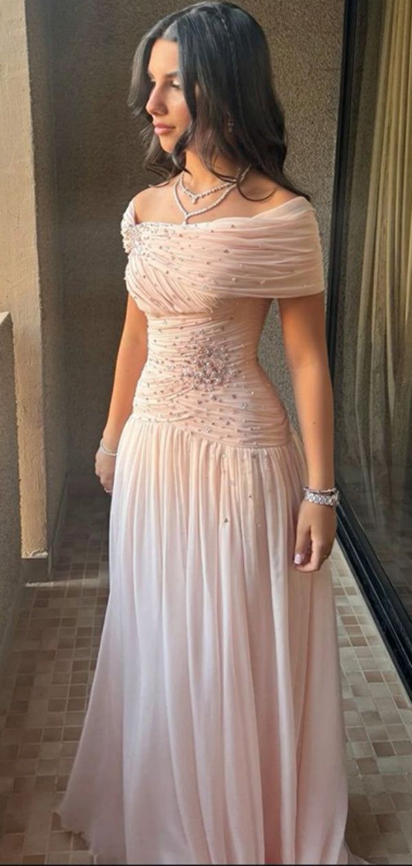 Robe de soirée longue en mousseline de soie rose à épaules dénudées et élégante, robe de bal, robe de soirée C3310