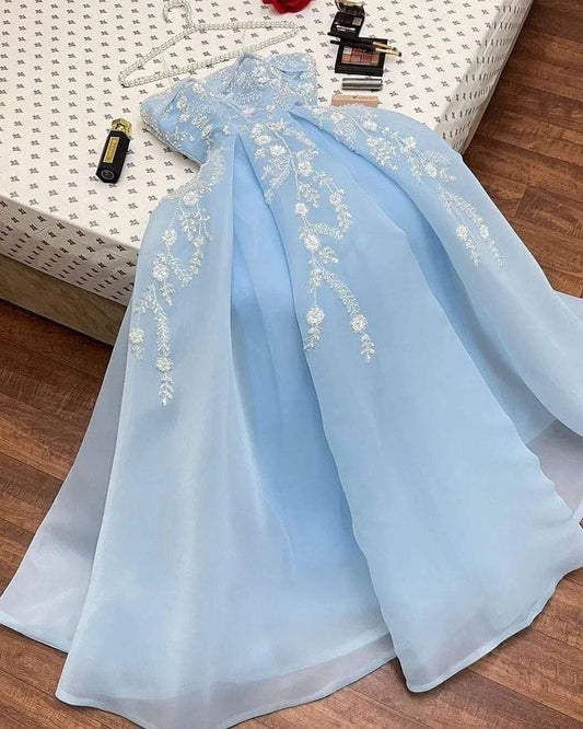 Robe de bal sexy en organza bleu ciel clair sans bretelles avec appliques, longue robe de soirée C3312