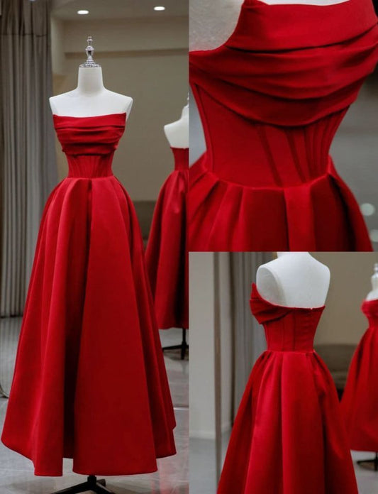 Robe de bal sexy en satin rouge sans bretelles, longue robe de soirée à volants, C3317