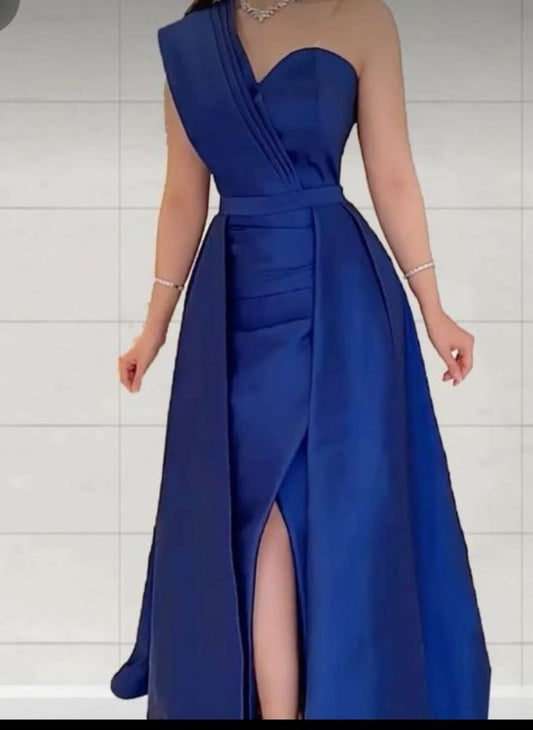 Robe de soirée longue en satin bleu royal à une épaule et ligne A élégante Robe de bal Robe de soirée C3319