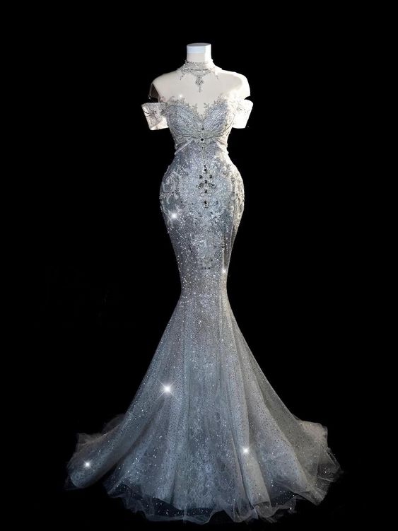 Robe de mariée longue sirène élégante, épaules dénudées, paillettes, C332