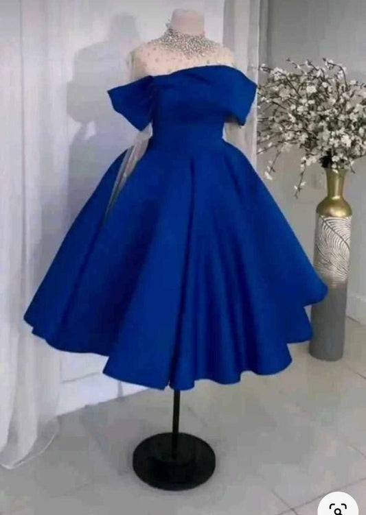 Robe de bal sexy à épaules dénudées en satin bleu royal, robe courte de soirée, robes d'anniversaire C3323