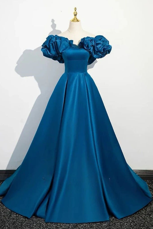 Robe de soirée longue en satin bleu à épaules dénudées et ligne A élégante Robe de bal Robe de soirée C3324