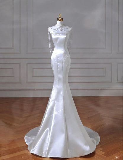 Elegant Mermaid Strapless Satin Long Wedding Dresses C333