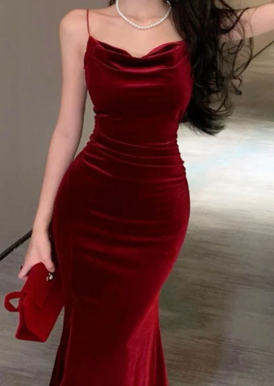 Robe de soirée longue en velours rouge à bretelles spaghetti élégantes C3342