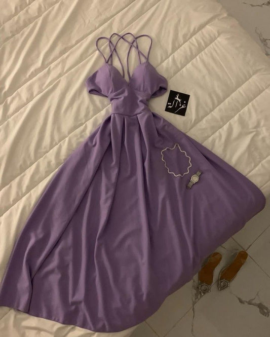 Robe de soirée longue élégante à bretelles spaghetti en ligne A lilas C3346