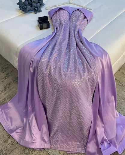 Robe de soirée longue en satin lilas sans bretelles, élégante, fourreau, robe de bal, robe de soirée C3347