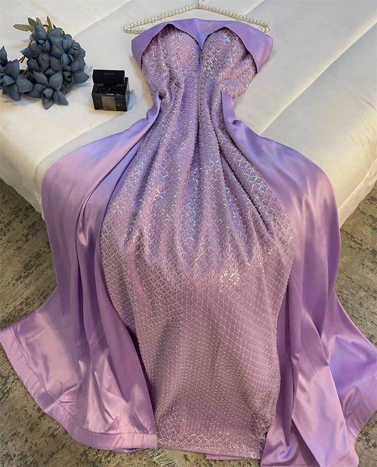 Robe de soirée longue en satin lilas sans bretelles, élégante, fourreau, robe de bal, robe de soirée C3347