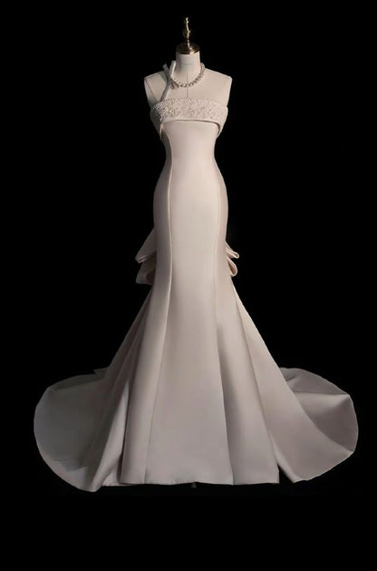 Elegant Mermaid Strapless Satin Long Wedding Dresses With Bowknot C335