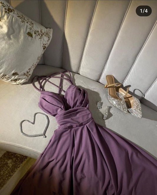 Robe de soirée longue élégante à bretelles spaghetti en ligne A lilas C3352