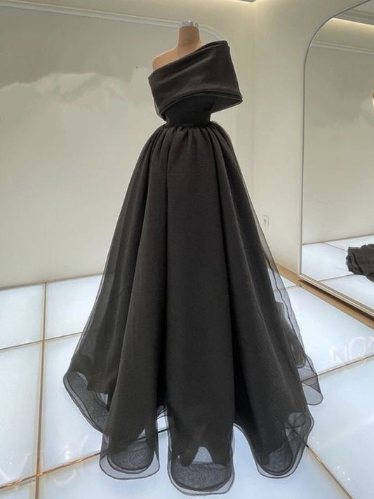 Robe de soirée longue noire élégante à une épaule et ligne A avec volants C3365