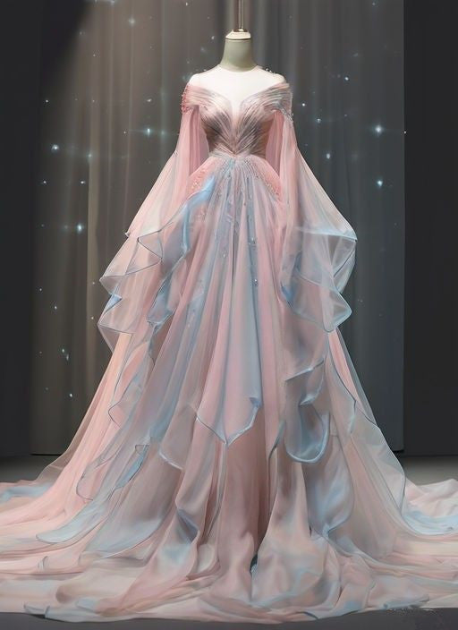 Elegant Ball Gown Off The Shoulder Pink Chiffon Long Prom Dress Evening Dresses C3366