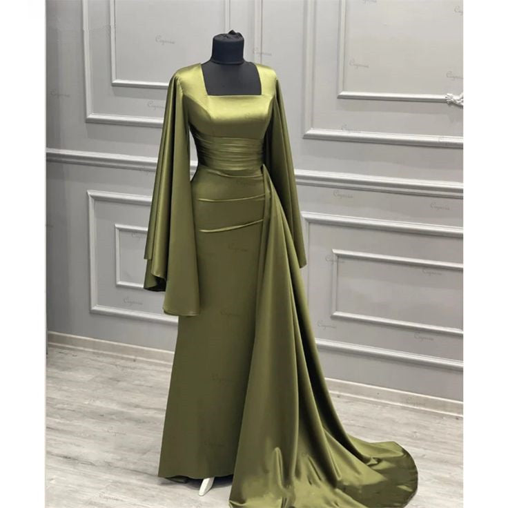 Robe de soirée longue en satin vert olive à encolure carrée et fourreau élégante avec volants C3368