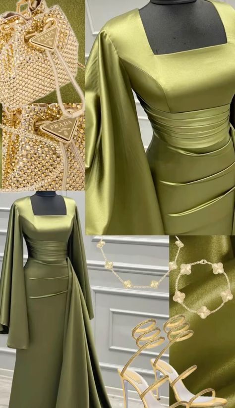 Robe de soirée longue en satin vert olive à encolure carrée et fourreau élégante avec volants C3368