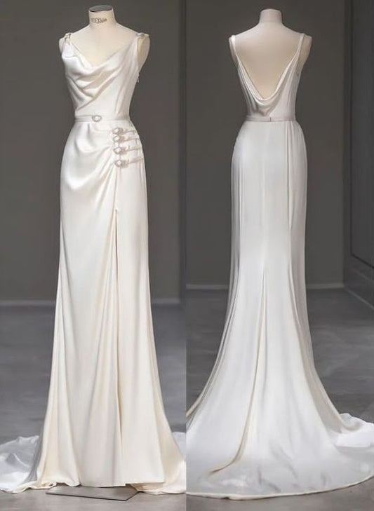 Bretelles sirène élégantes Satin longues robes de mariée blanches C338