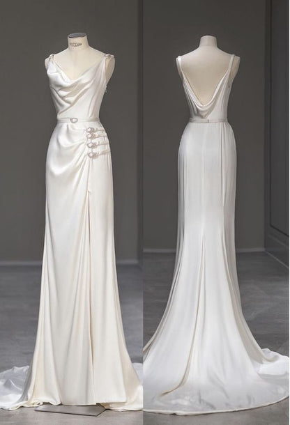 Bretelles sirène élégantes Satin longues robes de mariée blanches C338