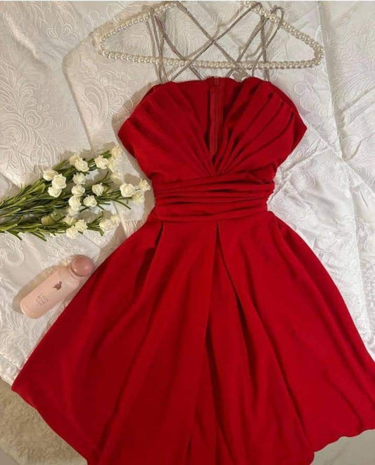 Robe de soirée courte rouge à bretelles spaghetti pour 16e anniversaire C3381