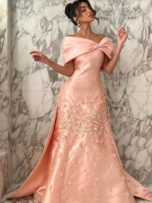 Robe de soirée longue en satin rose à épaules dénudées et jolie sirène avec appliques C3383