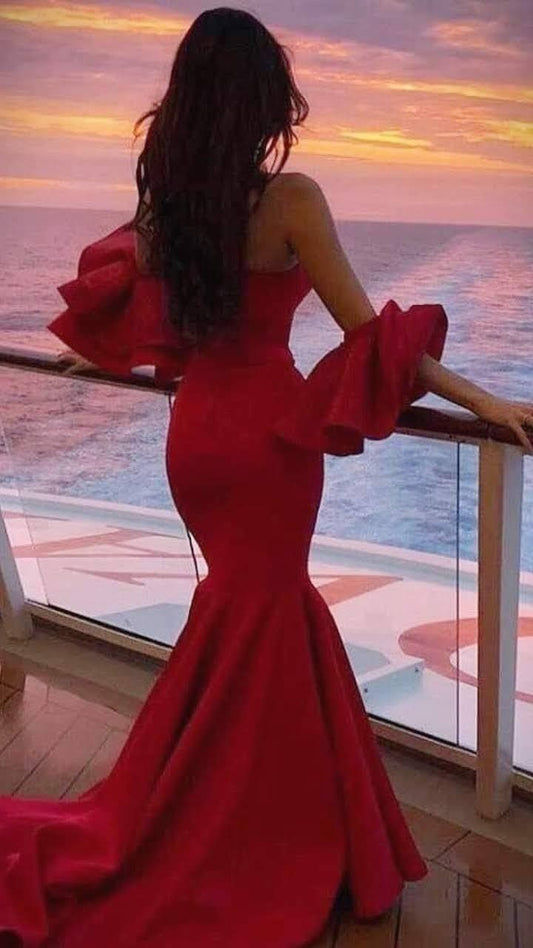 Robe de soirée longue en satin rouge à bretelles sirène élégante avec manches C3384