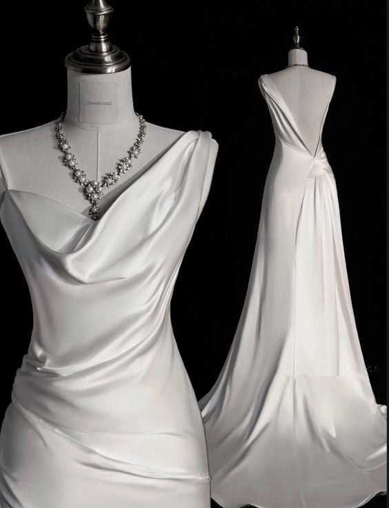 Robe de mariée longue blanche en satin à bretelles sirène élégante C339