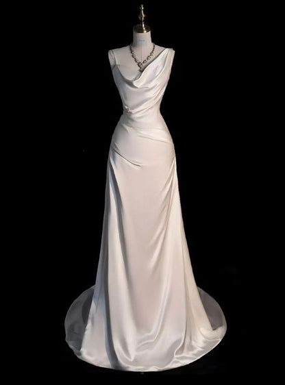 Elegant Mermaid Straps Satin Long White Wedding Dress C339