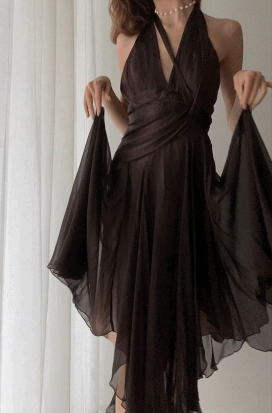 Elegant A Line Halter Brown Chiffon Long Prom Dress Evening Dresses C3391