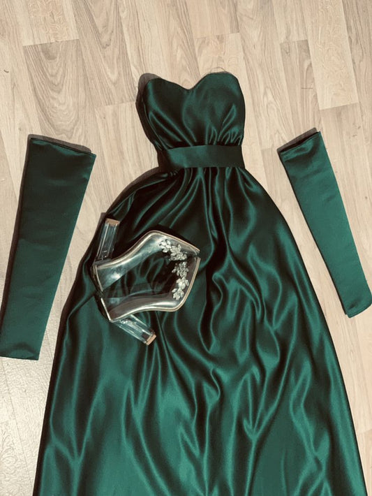 Elegant A Line Sweetheart Dark Green Satin Long Prom Dress Evening Dresses With Sleeves C3395