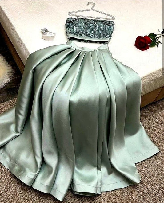 Elegant A Line 2 Pieces Strapless Mint Green Satin Long Prom Dress Evening Dresses With Beads C3396