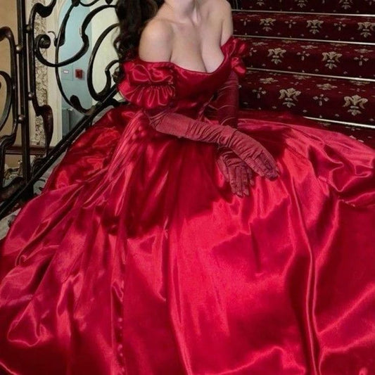 Elegant A line Off The Shoulder Red Satin Long Prom Dress Evening Dresses With Gloves C3399