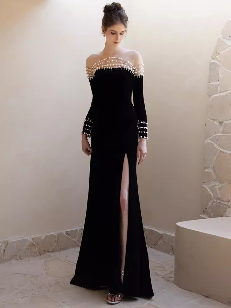 Vintage Mermaid Black Velvet Long Prom Dresses C33