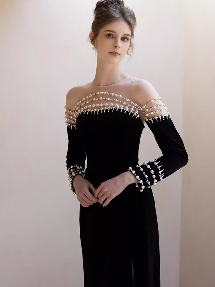 Robes de bal longues en velours noir sirène vintage C33