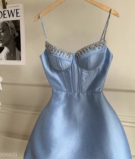 Robe de soirée courte à bretelles spaghetti pour 16e anniversaire, bleue, mini, C3404