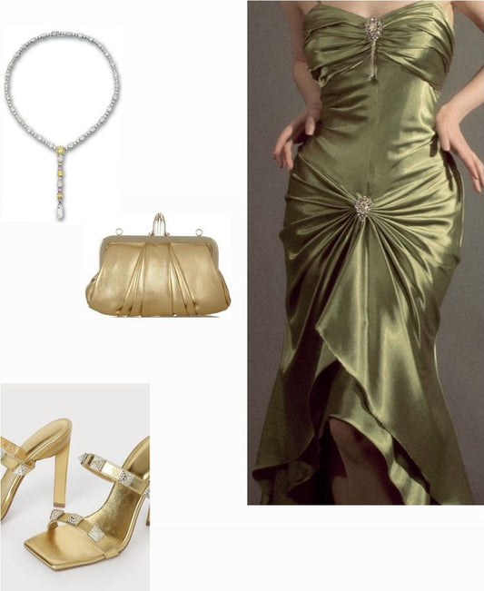 Robe de soirée sirène à bretelles spaghetti et volants en satin vert Robe de bal C3412