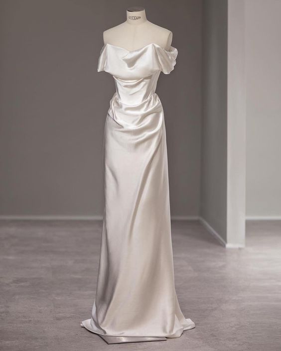 Elegant Mermaid Off The Shoulder Satin Long White Wedding Dresses CC341