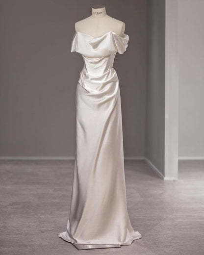 Elegant Mermaid Off The Shoulder Satin Long White Wedding Dresses CC341