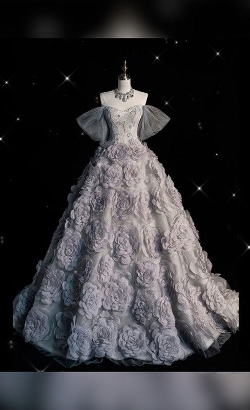 Jolie robe de bal à épaules dénudées en tulle gris à fleurs, robe de soirée, robe de bal C3424