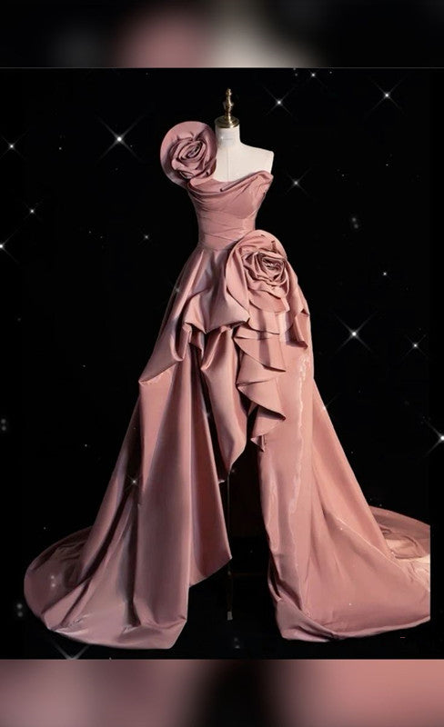 Robe de soirée en satin rose à une épaule, jolie robe de bal C3425