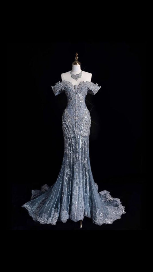 Robe de mariée sirène élégante, épaules dénudées, paillettes, longues, bleues, CC342