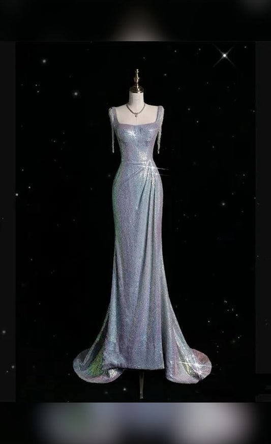 Robe de soirée longue à volants et à paillettes, décolleté carré, jolie robe de bal C3430