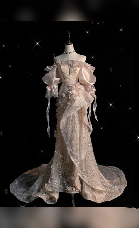 Jolie robe de bal à épaules dénudées et paillettes à volants longs, robe de soirée, robe de bal C3431