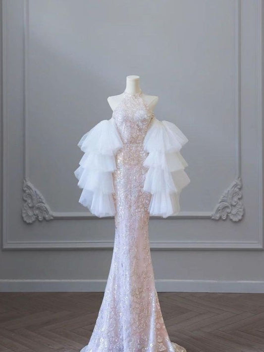 Jolie robe fourreau à col haut en paillettes roses, longue robe à volants en tulle, robe de soirée, robe de bal C3436