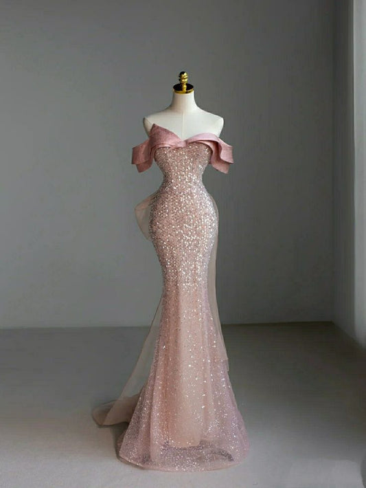 Jolie robe de soirée longue à paillettes rose à épaules dénudées avec nœud C3437